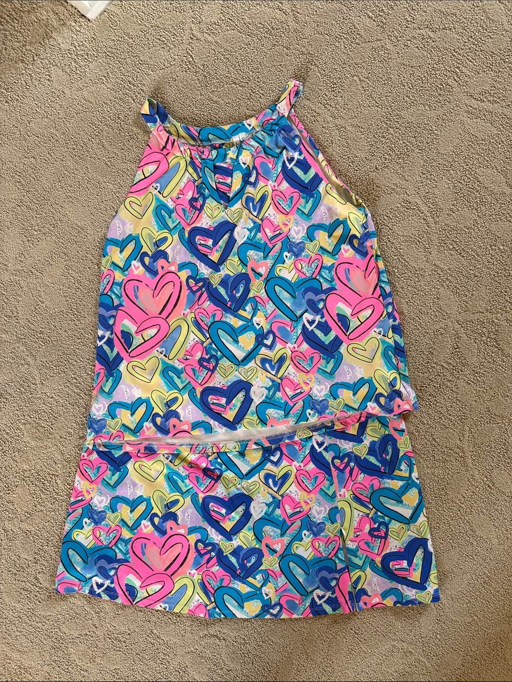 Woman’s Heart-Print Tank & Skirt Set in Pink and Blue